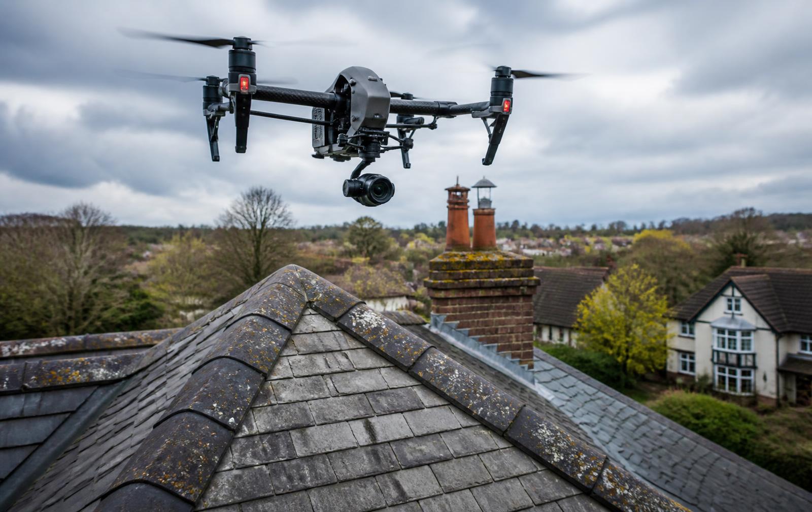 Survey drone hovering above a slate roof and chimney stack during a roof inspection
