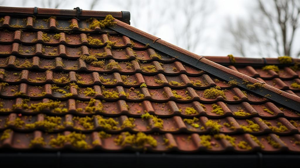 Moss covered roof tiles being cleaned and maintained