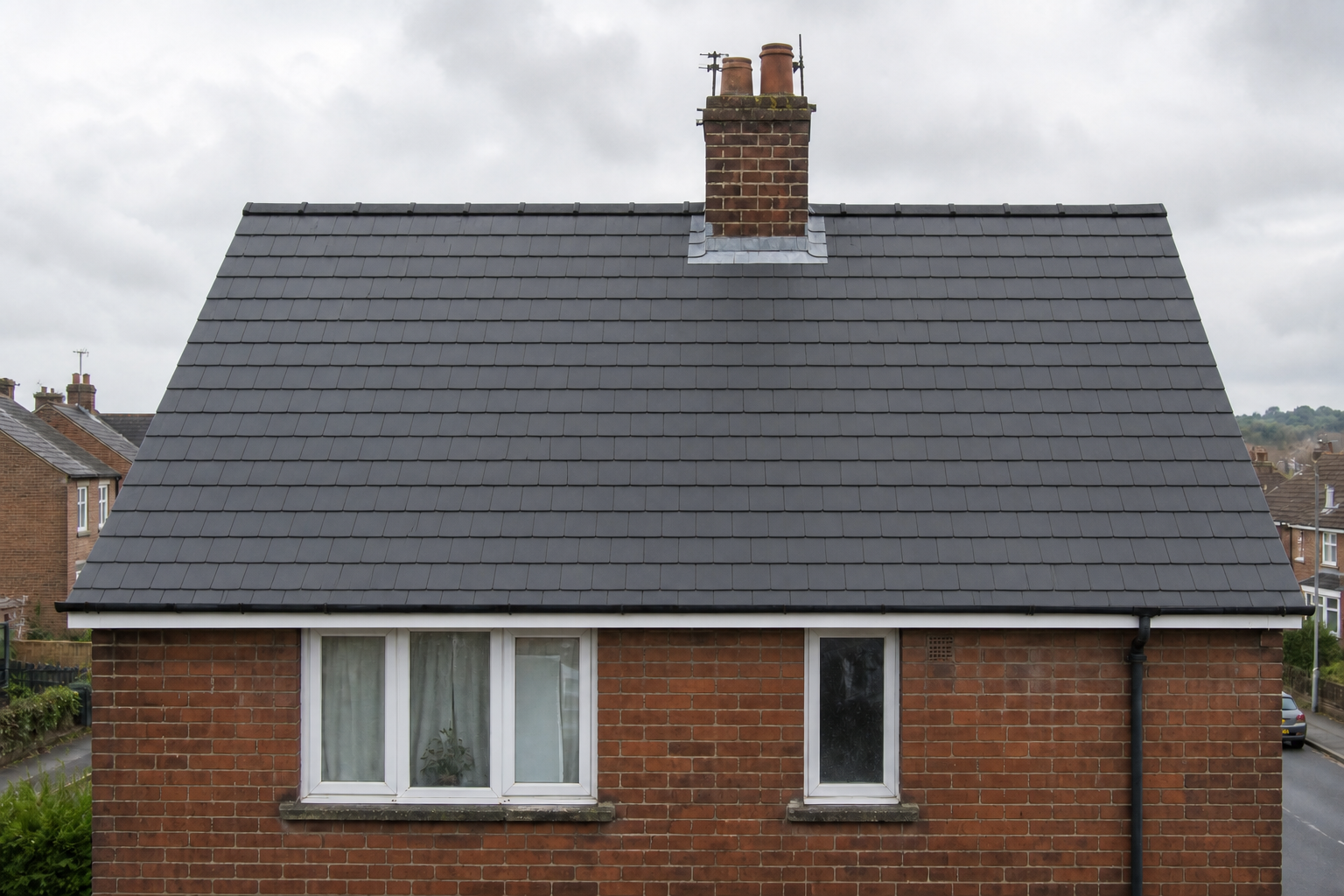 Completed new grey slate roof on a Staffordshire home after re-roofing