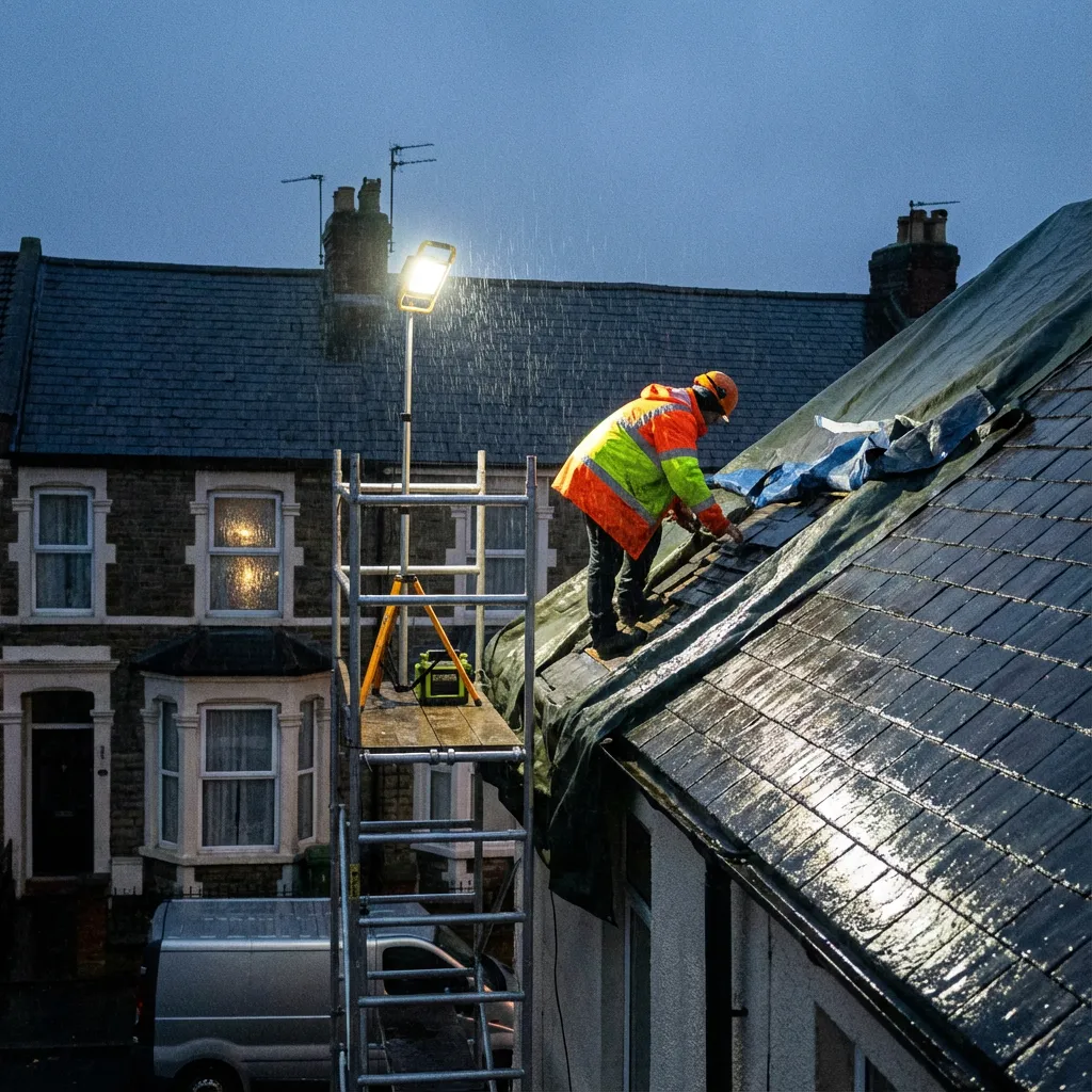 Roofer working under floodlight in the rain carrying out an emergency roof repair with temporary sheeting