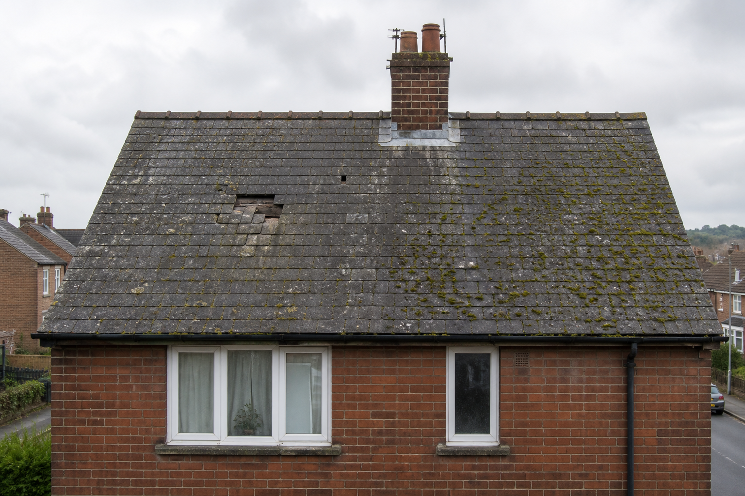 Old mossy tiled roof with slipped and missing tiles before re-roofing