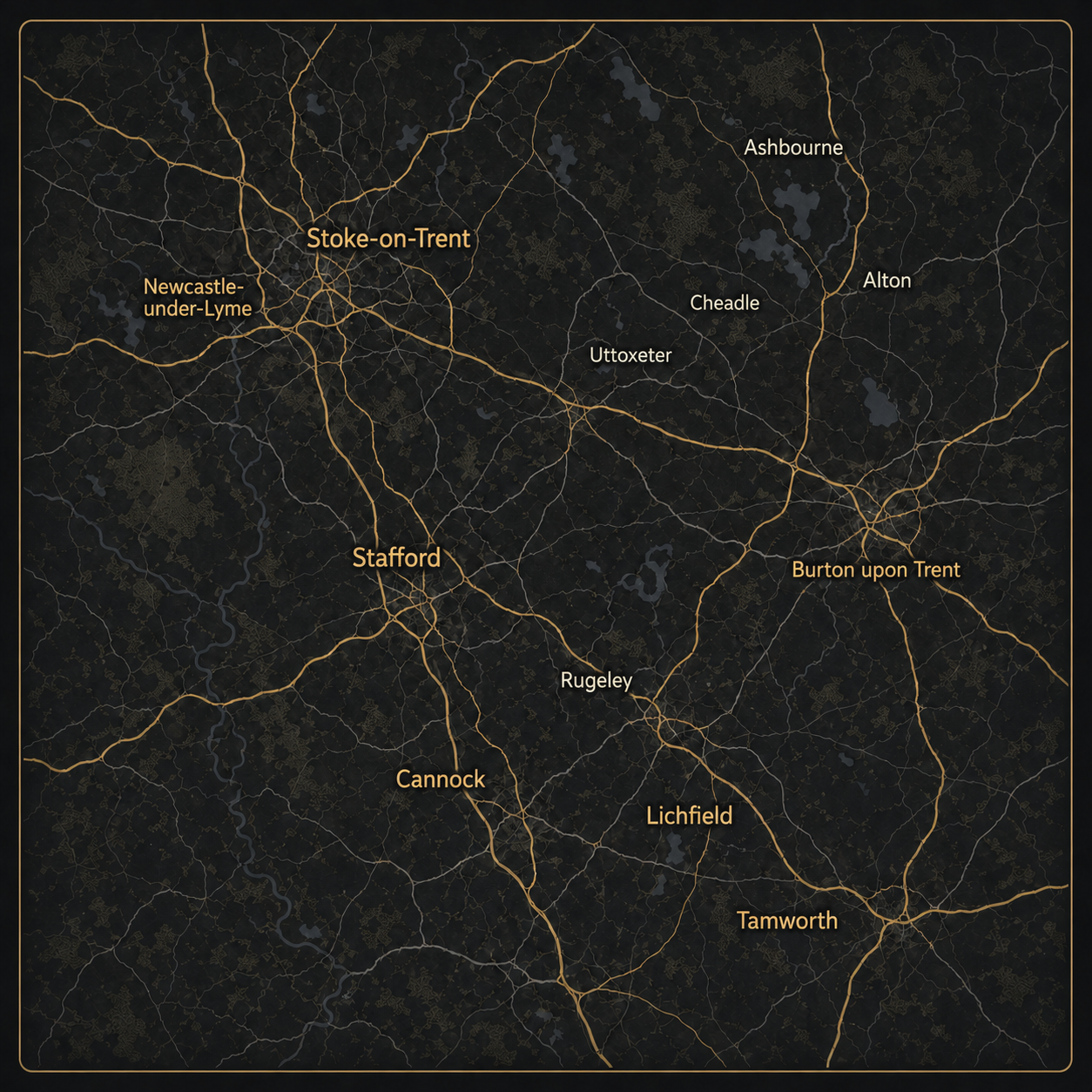 Dark map of Staffordshire and surrounding areas showing towns served, including Uttoxeter, Cheadle, Ashbourne, Alton, Burton upon Trent, Stoke-on-Trent, Stafford, Cannock, Lichfield, Rugeley and Tamworth