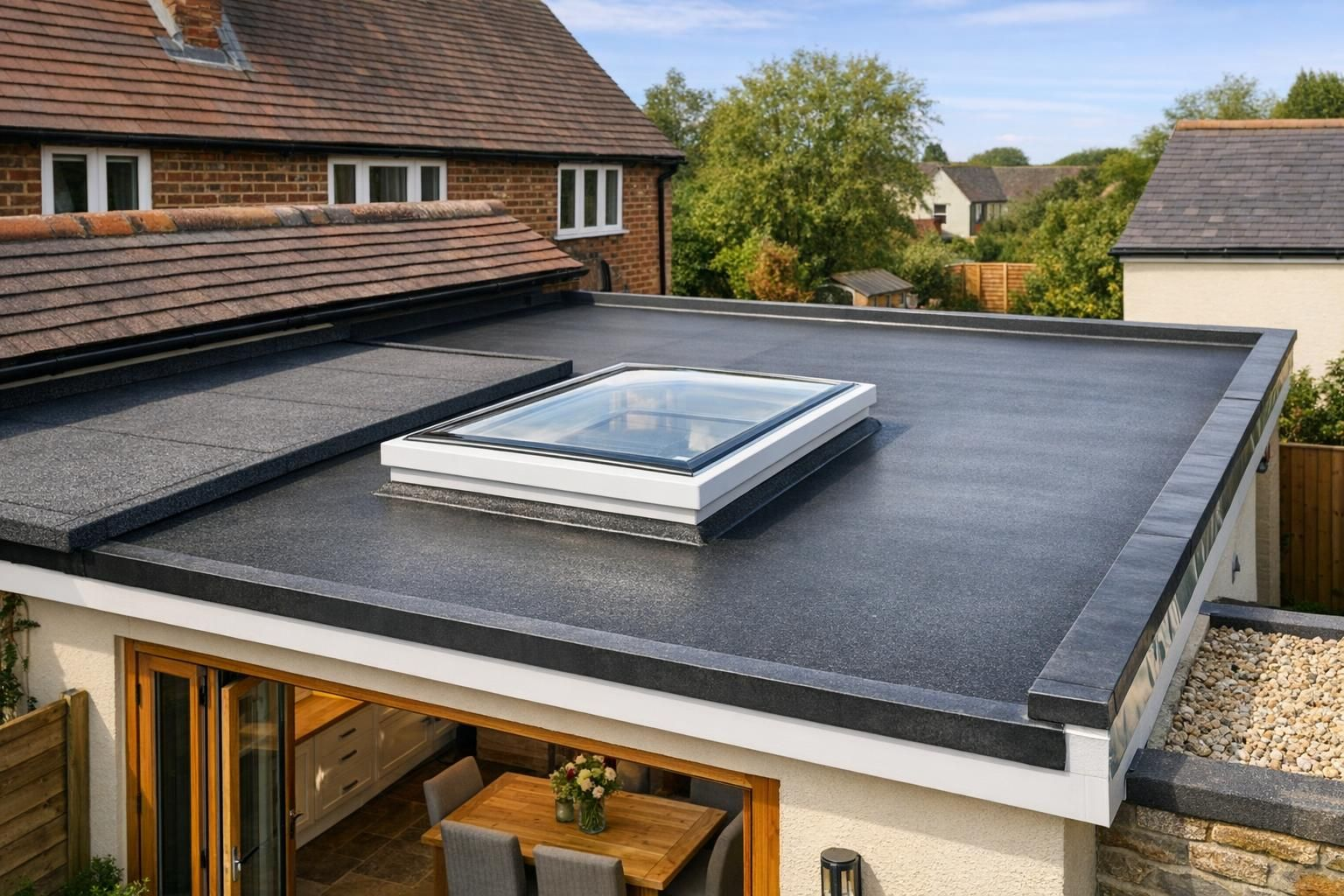 Modern dark grey flat roof on a house extension with a white-framed rooflight