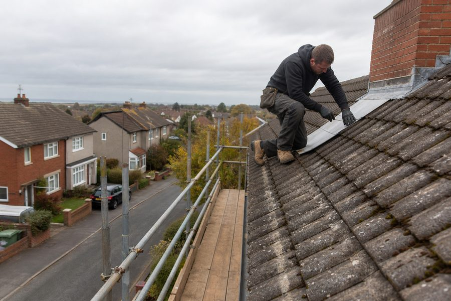 Roofer replacing slipped roof tiles on a Staffordshire home